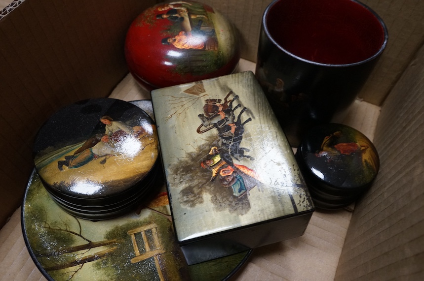 A quantity of late 19th / early 20th century Russian lacquer boxes, a dish and small vase. Condition - appears good